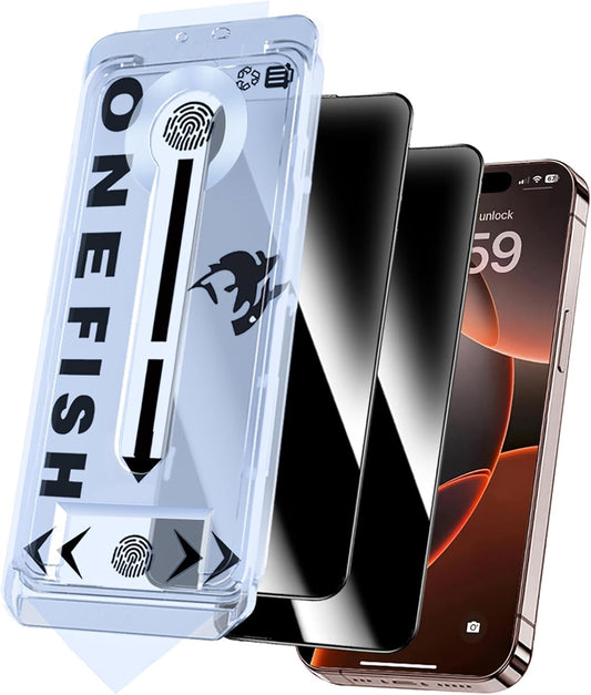 OneFish Privacy Screen Protector for iphone 15 Pro, Anti-Spy Tempered Glass Private Edge Protection Screen Protector with Installation Frame 9H Glass Scratch Resistant,Bubble Free, 2Pack.