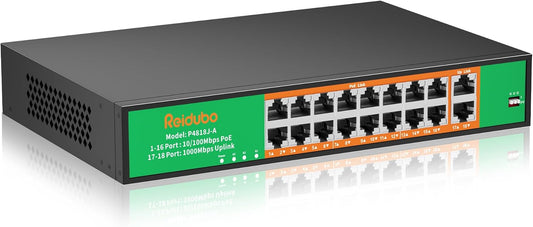 16 Port PoE Switch, 16 PoE+ 100Mbps Ports with 2 Gigabit Uplink, 300W Built-in Power, Support IEEE802.3af/at, Fanless, Rack Mount, Unmanaged Plug and Play Network Switch
