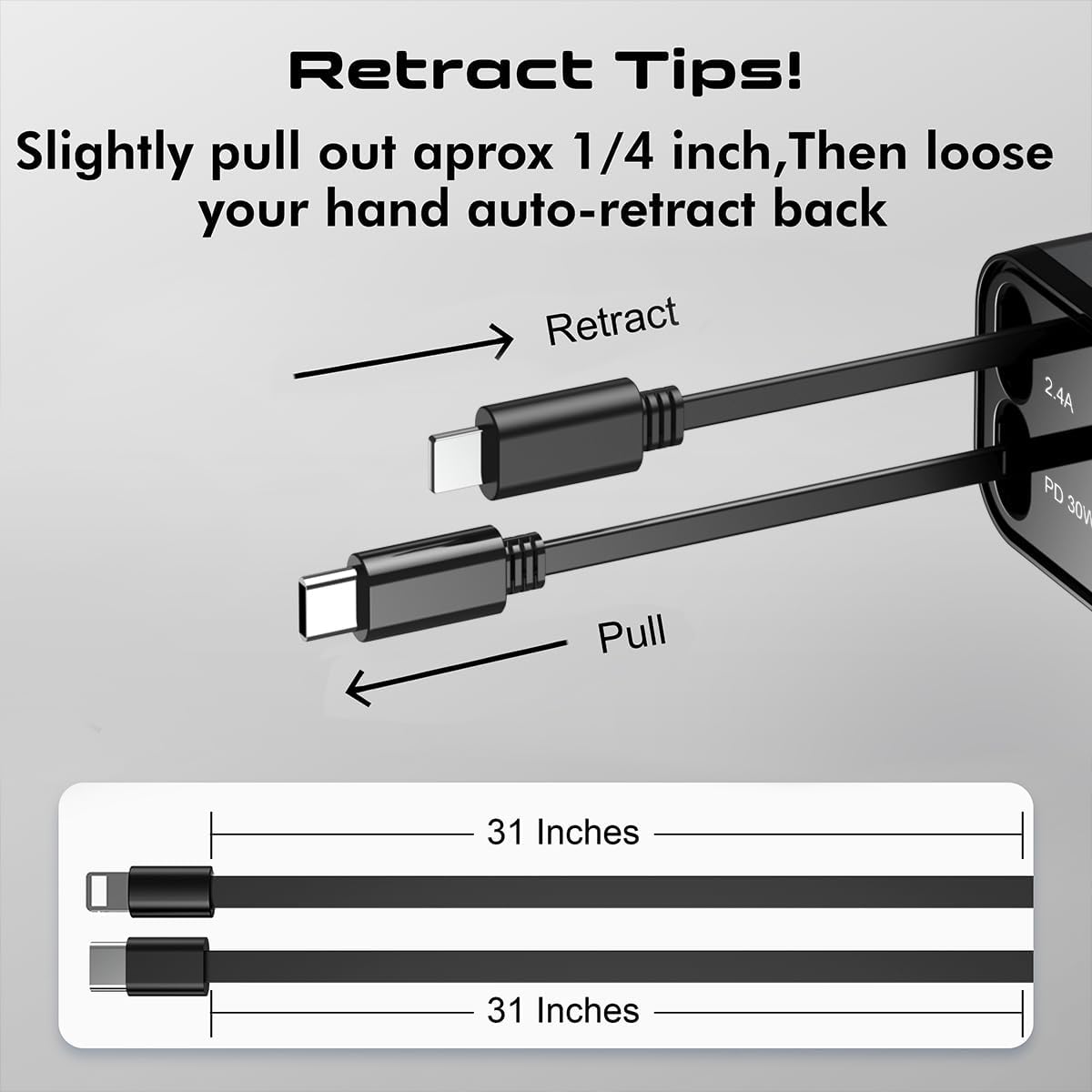 4 in 1 Retractable Car Charger for iPhone,69W USB-C Fast Car Charger,Cigarette Lighter Adapter,Fast Charging for iPhone 16/15/14/13/12/11 Pro Max,Galaxy,iPad,Pixel (USB-C&Light-ning) Alloy Black