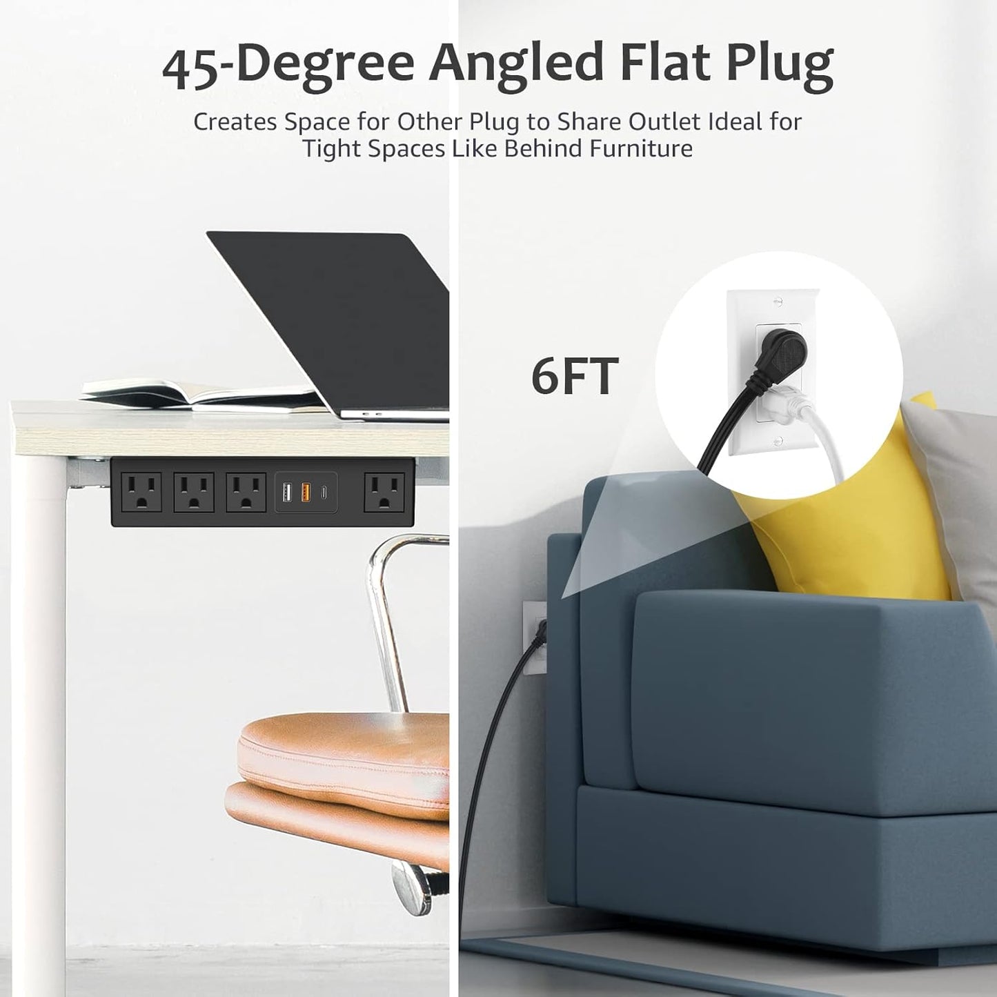 HHSOET Under Desk Power Strip with 3M Adhesive, Removable Under Desktop Mount Plug with Fast Charging USB C and USB A Ports, 4 Outlet Under Table Surge Protector 1200J, 6FT Extension Cord. (Black)