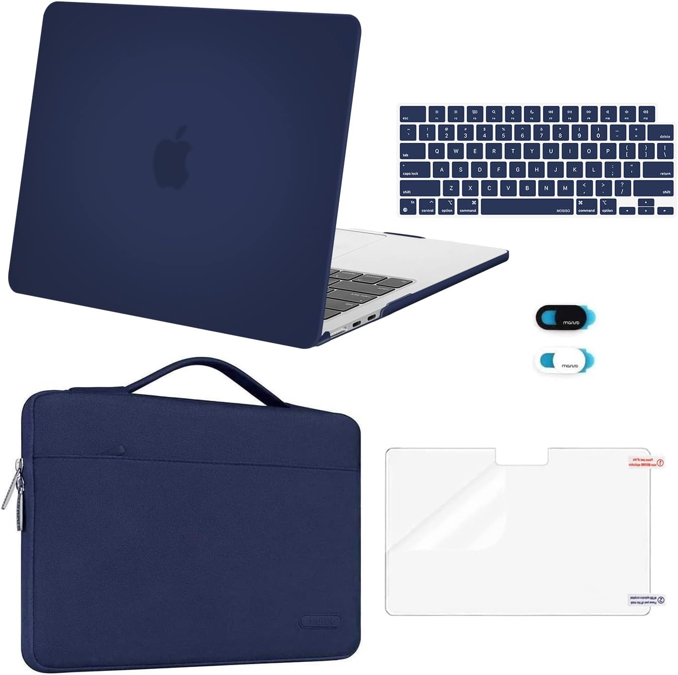 MOSISO Compatible with MacBook Air 13 inch Case 2025 2024 2023 2022 M4 A3240 M3 A3113 M2 A2681, Hard Shell&Sleeve Bag&Keyboard Skin&Webcam Cover&Screen Film for MacBook Air 13.6 inch, Navy Blue