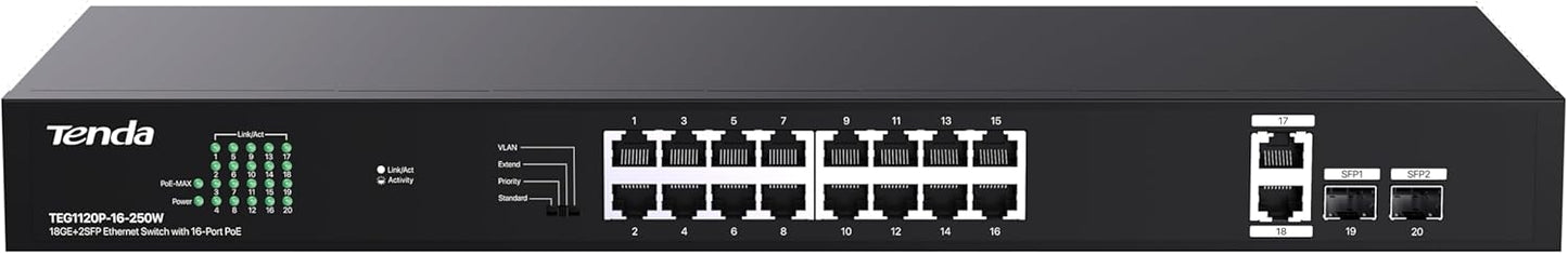 Tenda TEG1120P-16-250W, 16 Port Gigabit PoE Switch Compatible with IEEE 802.3af/at Devices, Rack Mountable, Unmanaged PoE+ Switch with 16 Port PoE+@230W & 2 RJ45 Ports & 2 SFP Slots