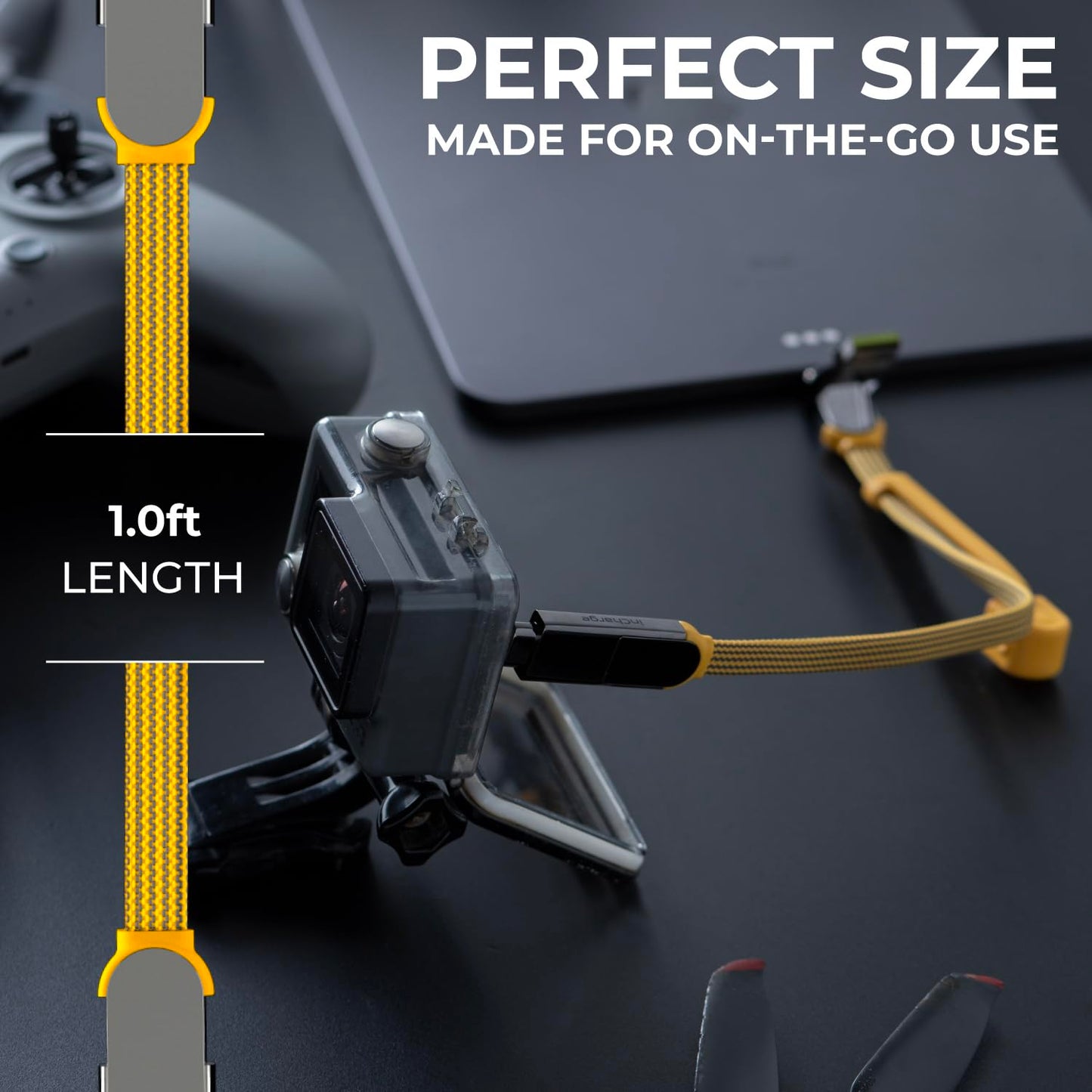 Rolling Square inCharge XL 30 cm - USB-C Cable, Universal Smartphone Cable, Gift for Men, 6-in-1 Universal Charger for Smartphones, Technical Gadget, Yellow, Lightning Cable 100W