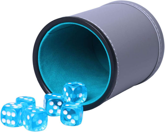 Dice Cup Set PU Leather and Felt-Lined, Quiet Shaking for Yahtzee Farkle Liars Dice Games, Includes Six 16mm Regular Dice