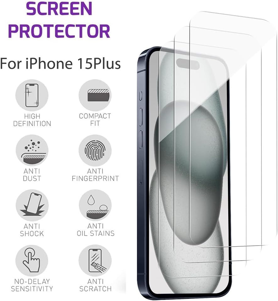 Tempered Glass Screen Protector for iPhone 15 Plus Clear (3 Pack)