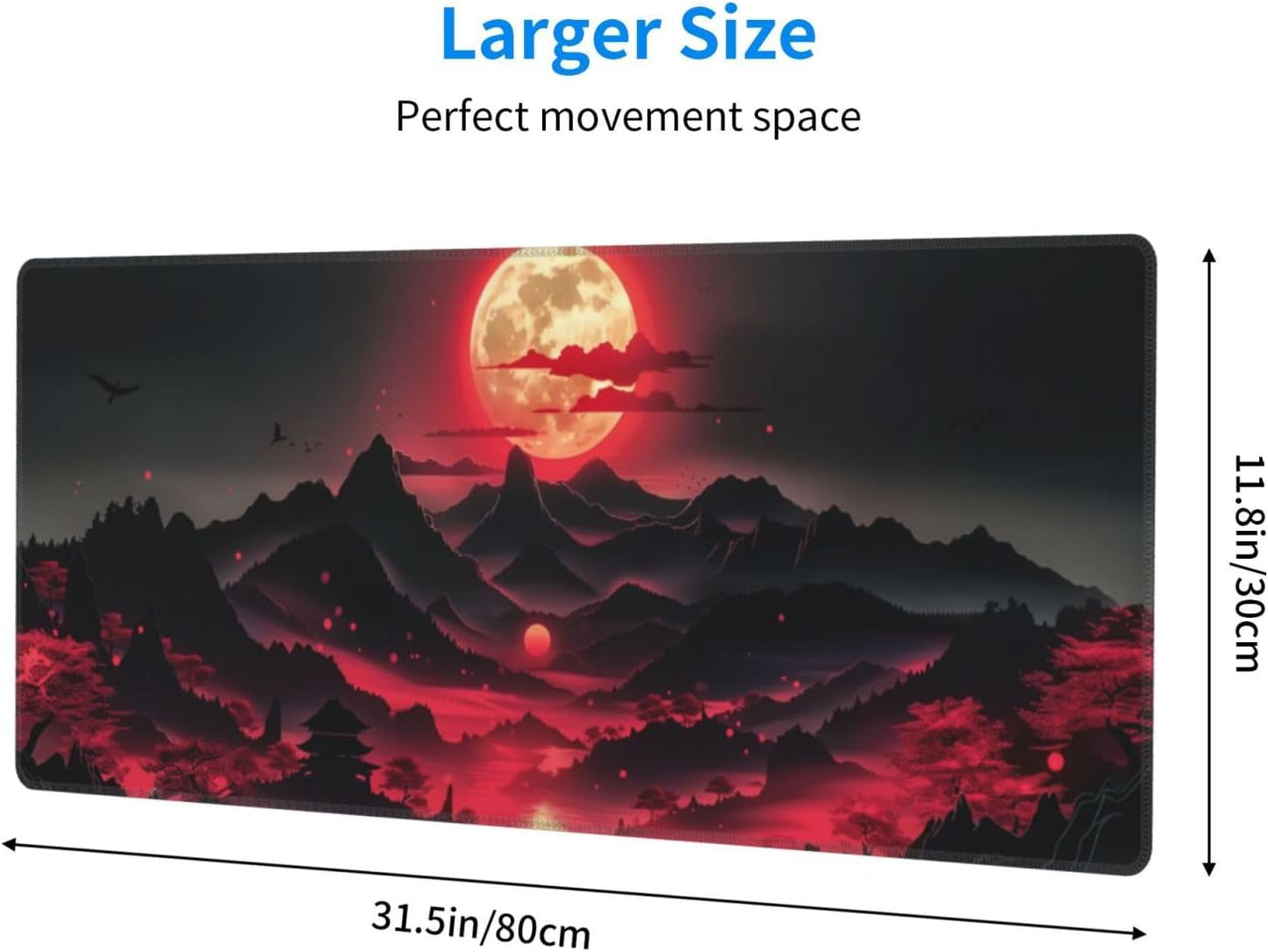 Extended Gaming Mouse Pad, Large Desk Mat XL Anime Mouse Pad Waterproof with Stitched Edges, Non-Slip Desktop Pad for Home and Office, Level Up Your 31.5x11.8 Inch (Darkness Red Moon3)