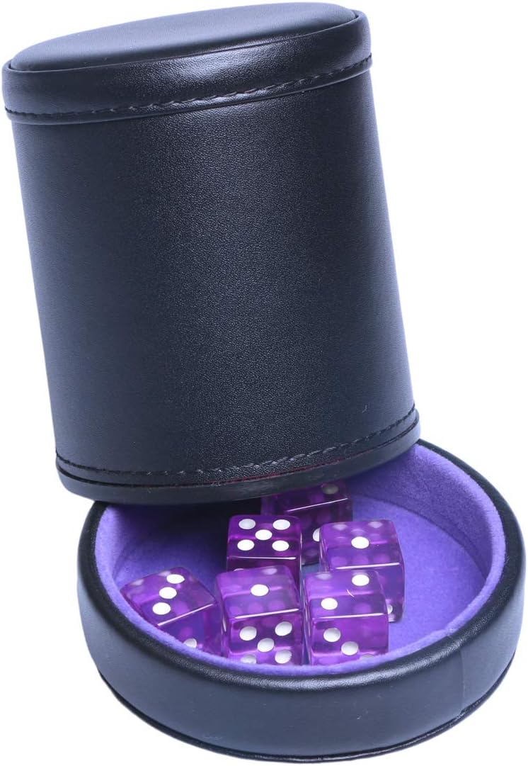 PU Leather Dice Cup Purple Velvet Lined Quiet Shaker with Lid Including 6 Purple Translucent Dice for Liars Dice Farkle Yahtzee Board Games