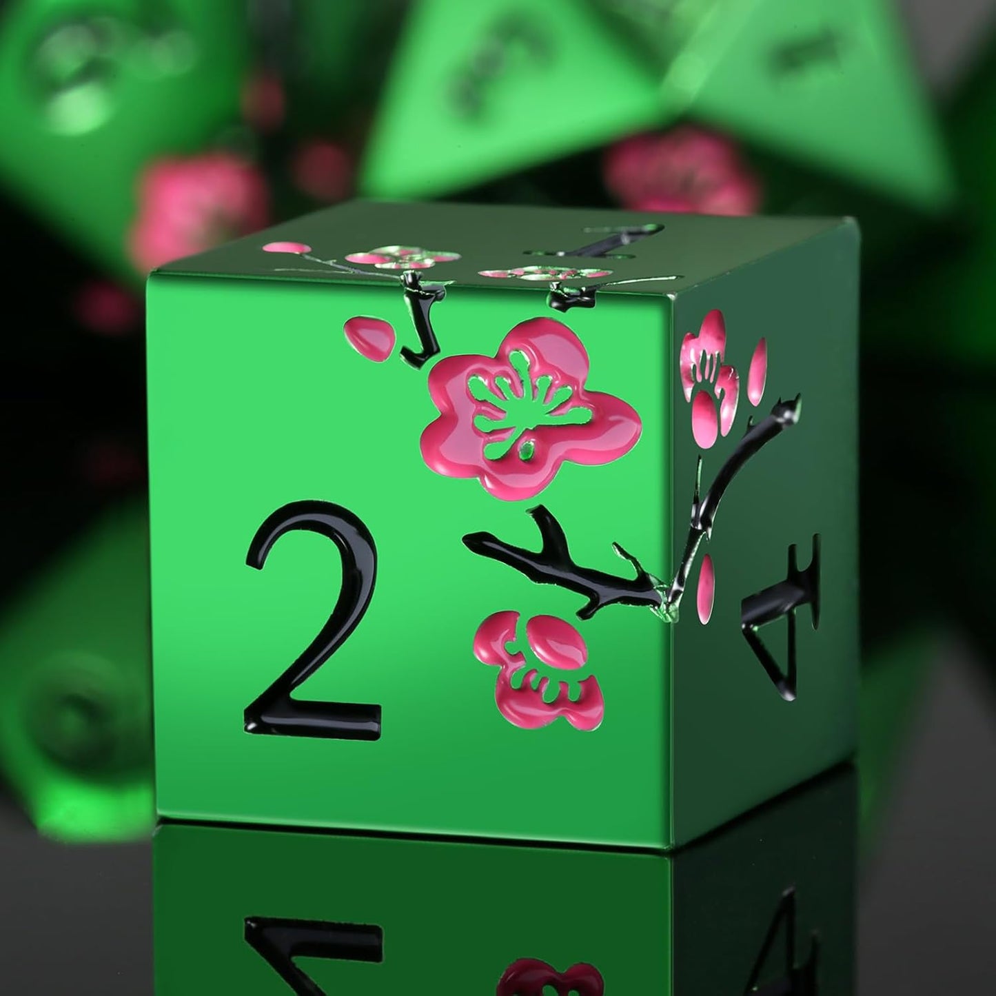 Matt Green Metal Dice Set, DNDND 7 PCS Heavy Metallic D&D Dice Set with Gorgeous Gift Case for Dungeons and Dragon Tabletop Game (Matte Green with Pink Flower)