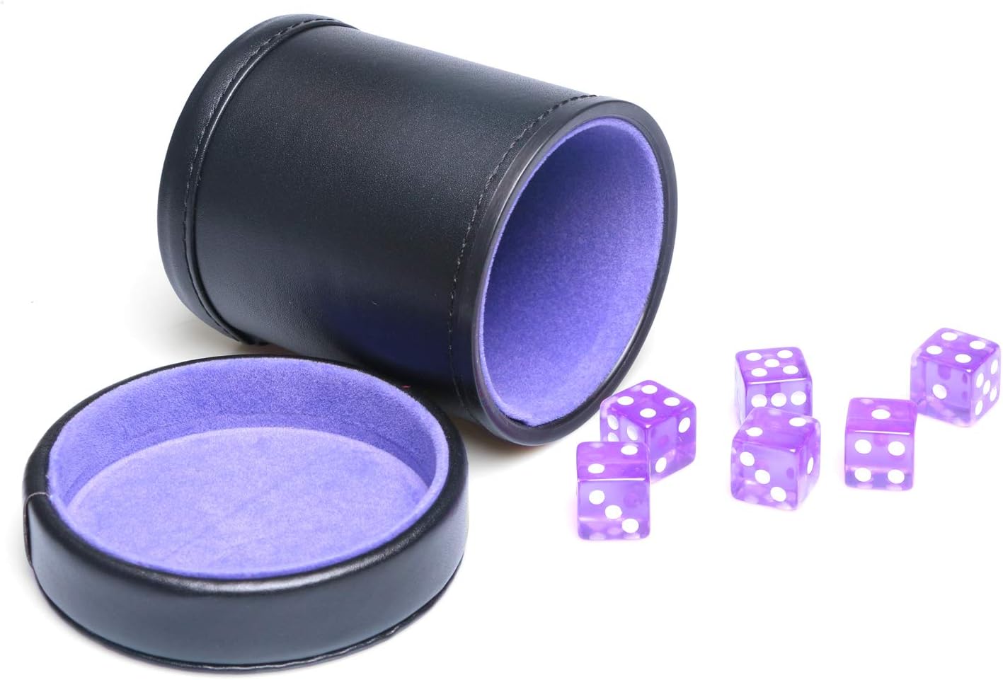 PU Leather Dice Cup Purple Velvet Lined Quiet Shaker with Lid Including 6 Purple Translucent Dice for Liars Dice Farkle Yahtzee Board Games