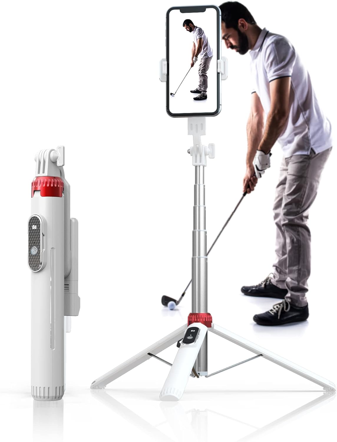 62" Phone Tripod & Selfie Stick for Golf Training, Extendable Cell Phone Tripod Stand with Wireless Remote and iPhone Holder, Golf Training Aid - Compatible with iPhone Android (White)