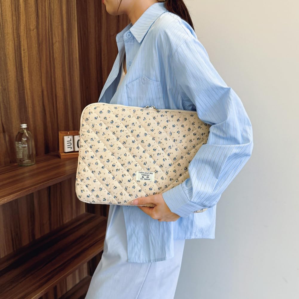 Puffy Laptop Sleeve 13-15.6 Inch Cute Quilted Laptop Protective Case Padded Floral Computer Sleeve for MacBook (A-Blue, 13 Inch)