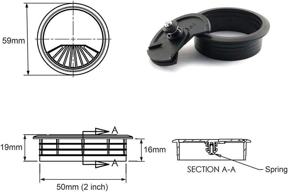 2pcs 2 inch Desk Wire Cord Cable Grommets Hole Cover for Office PC Desk Cable Cord Organizer Plastic Cover Black (Black-2Pcs)