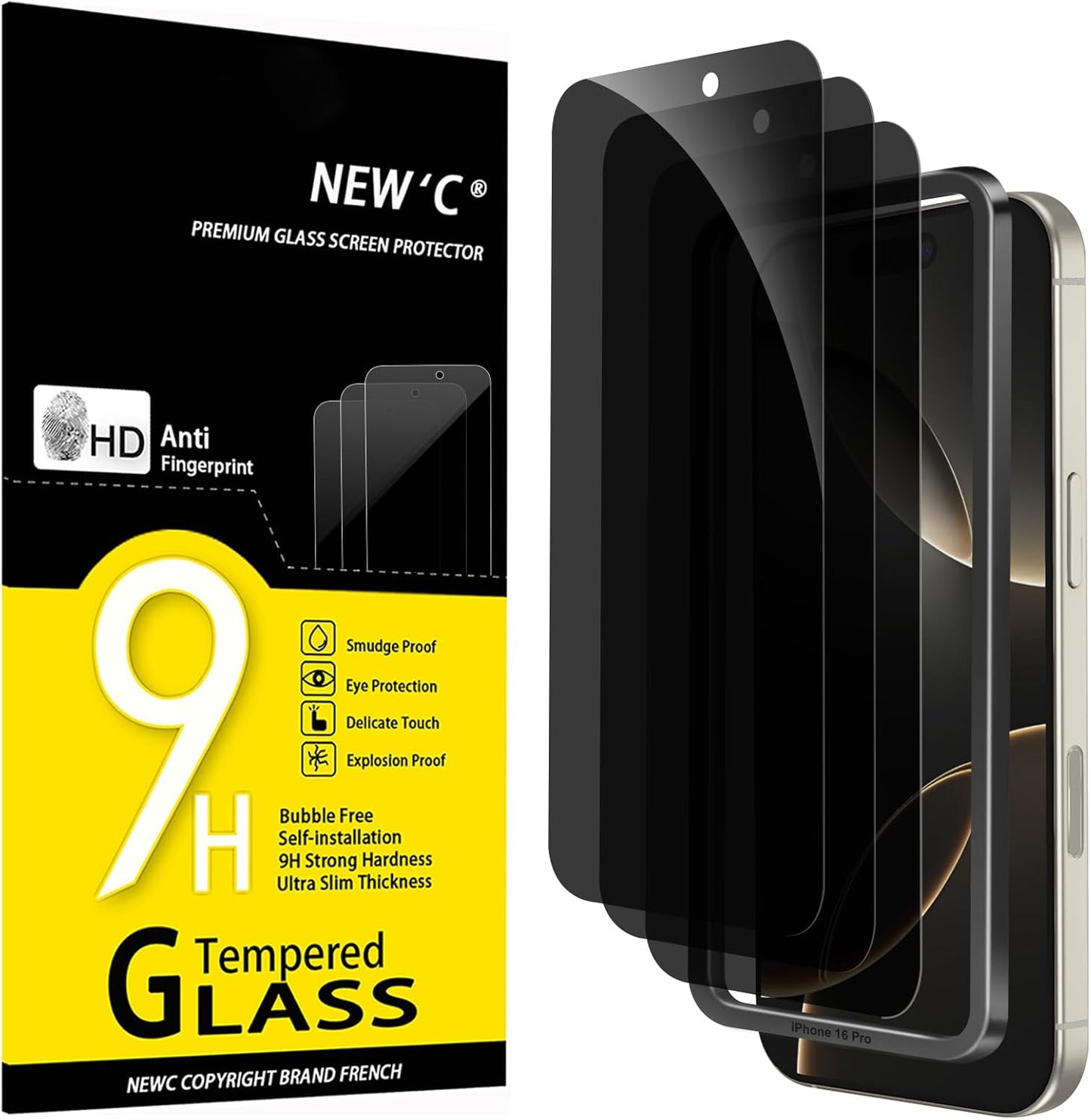NEW'C 3 Pack Privacy for iPhone 16 Pro Screen Protector (6.3 inches), Anti-Spy Tempered Glass Film,Enhanced 28 Degree Privacy Angle - Easy installation tool included