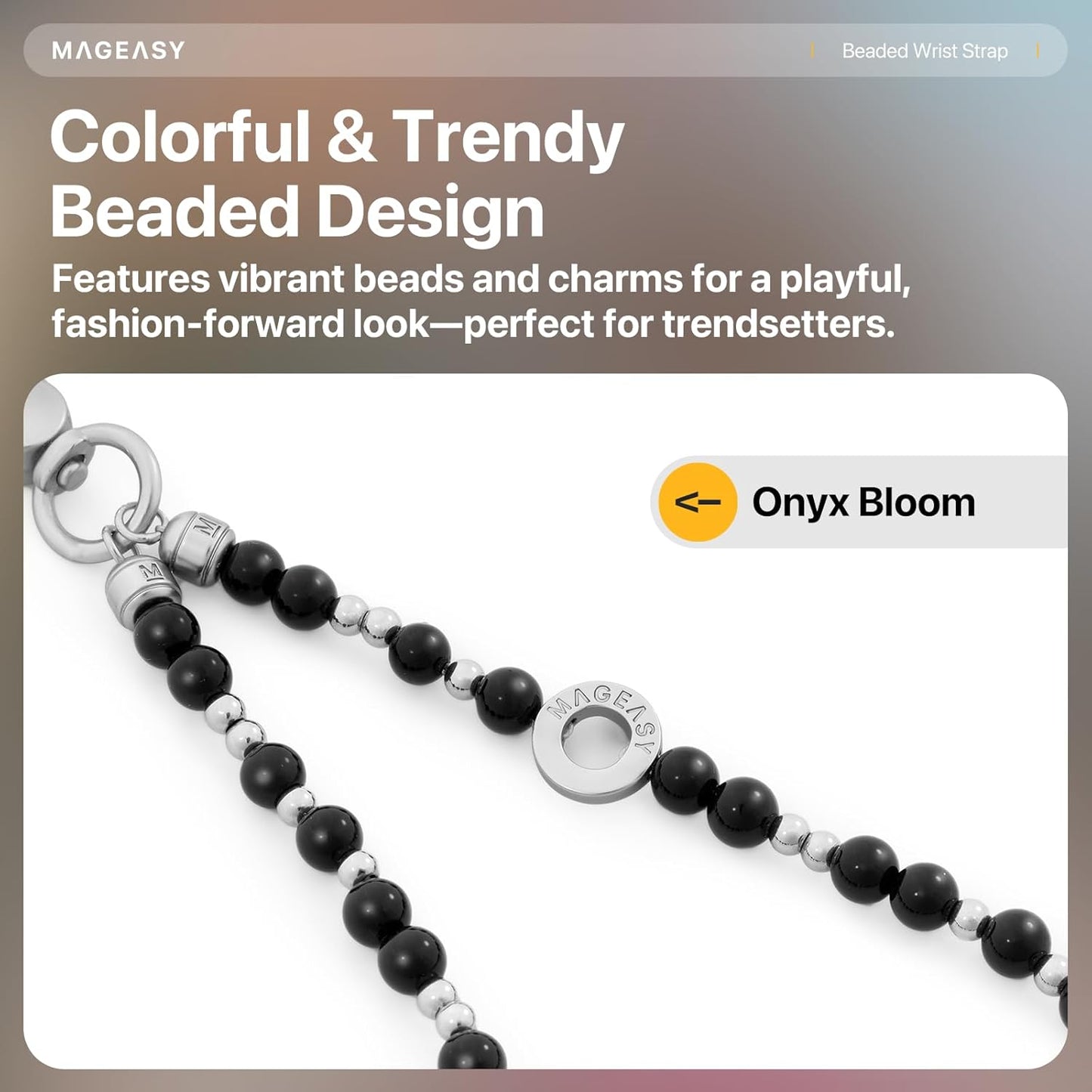 MAGEASY Beaded Phone Charm for Women - Cell Phone Wrist Strap with Teather Tab, Designed for iPhone & Android Phones, Keychain, Camera - Onyx Bloom