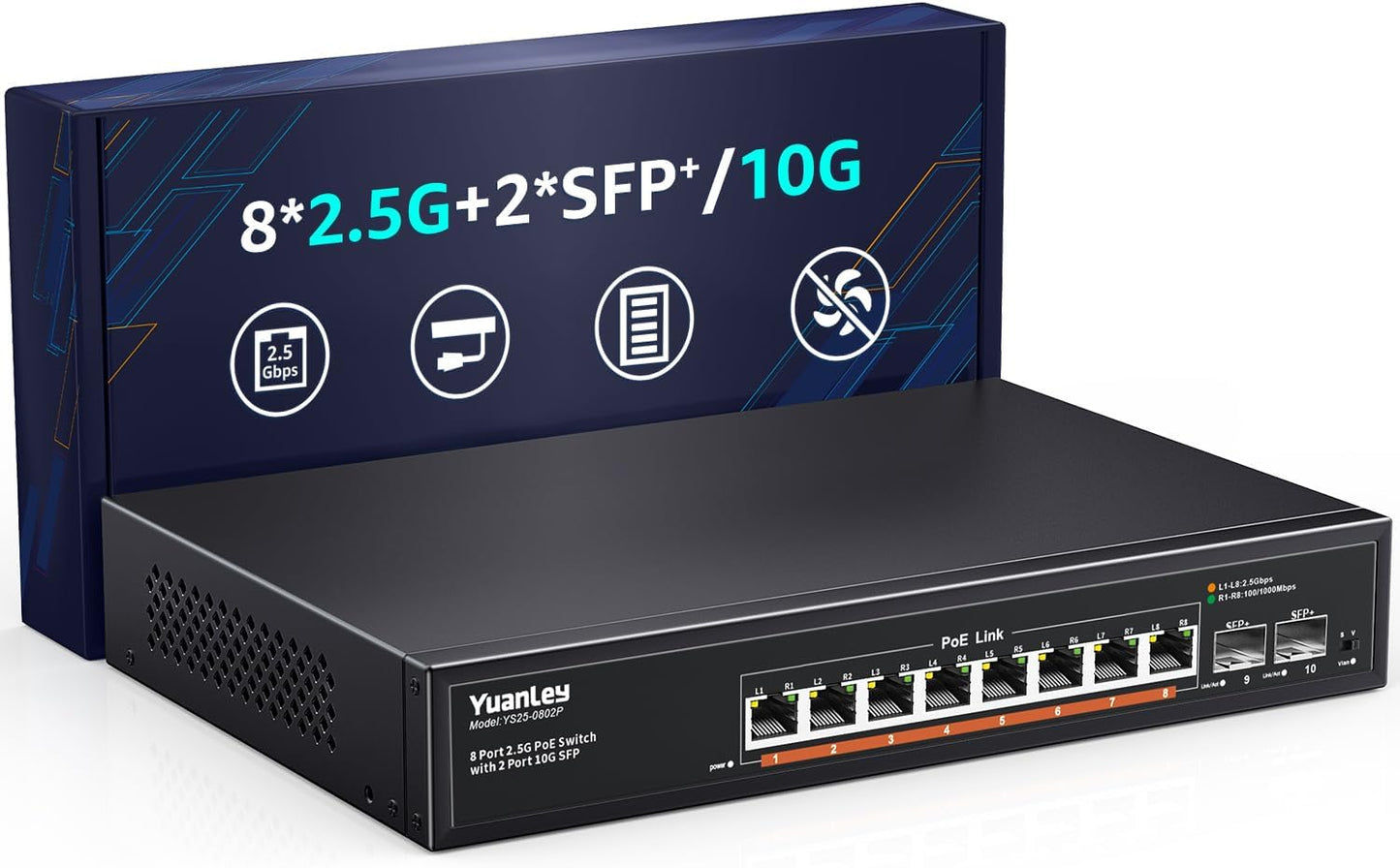 YuanLey 10 Port 2.5G PoE Switch Unmanaged, 8 x 2.5G Base-T PoE Ports, 2 x 10G SFP, IEEE802.3af/at, 120W, Compatible with 100/1000/2500Mbps, Metal Fanless, Desktop/Rack Mount 2.5Gbe Network Switch