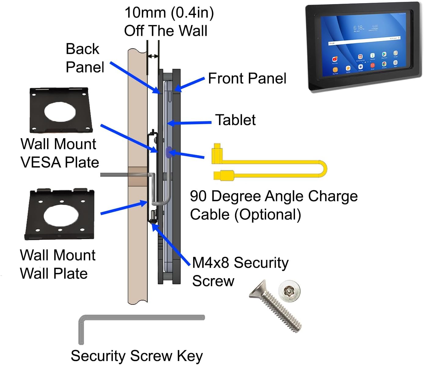 TABcare Anti-Theft Acrylic VESA Enclosure for Galaxy TAB A 8.0" w S-Pen Tablet with Free Wall Mount Kit & 90-Degree Angle Charge Cable (TAB A 8.0 w S-Pen SM-P200, White)