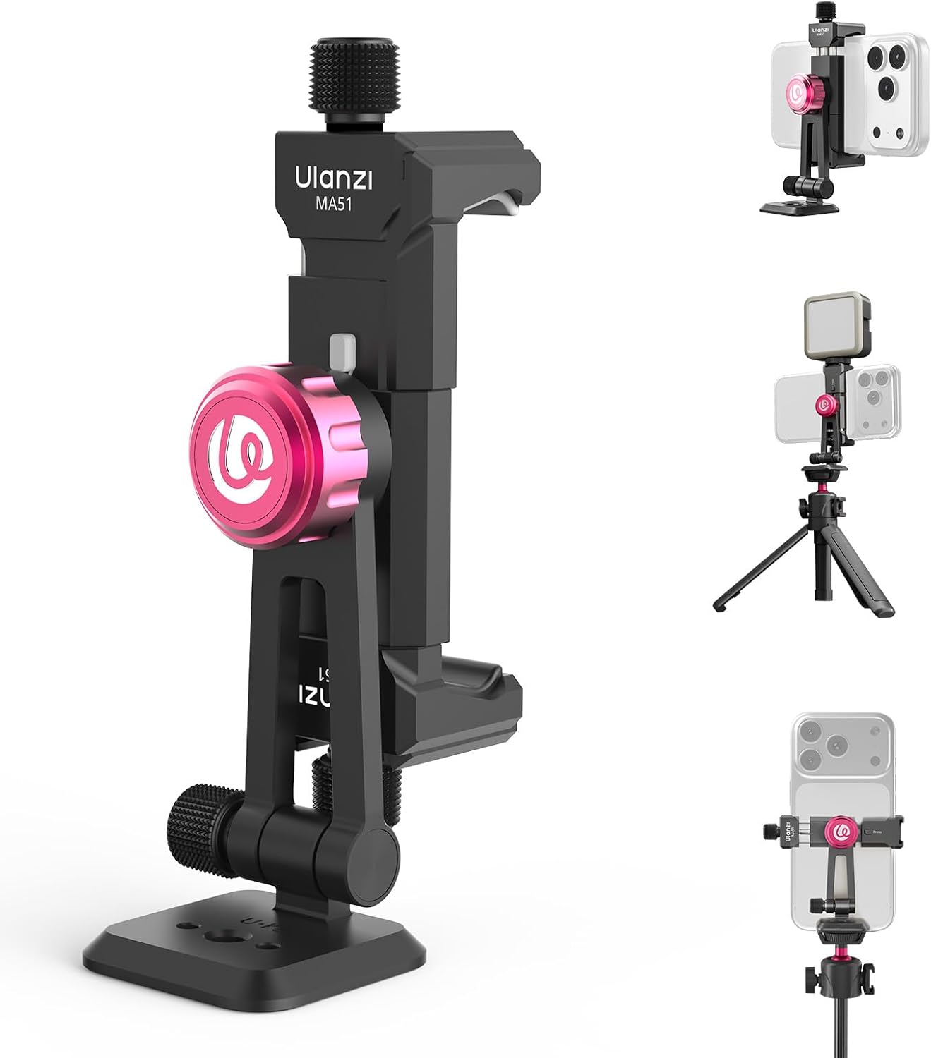 ULANZI MA51 Metal Phone Tripod Mount, Phone Clamp with Arca UKA Base, Cold Shoe, Arri Locating Holes, 360° Swivel 180° Tilt, Cell Phone Holder Compatible with iPhone 17 16 15 14 Samsung Cell Phone