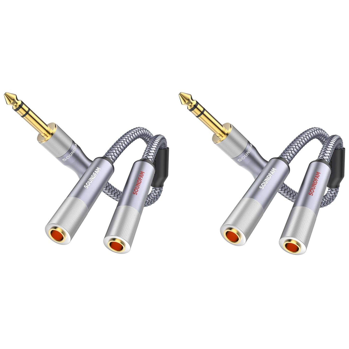 Microphone Splitter 2 Feet/60CM TRS 1/4 inch Splitter 1 Male to 2 Female, 6.35mm Stereo Male Plug to Dual 6.35mm Female-Grey(2PACK)