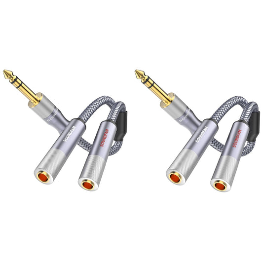 Microphone Splitter 2 Feet/60CM TRS 1/4 inch Splitter 1 Male to 2 Female, 6.35mm Stereo Male Plug to Dual 6.35mm Female-Grey(2PACK)