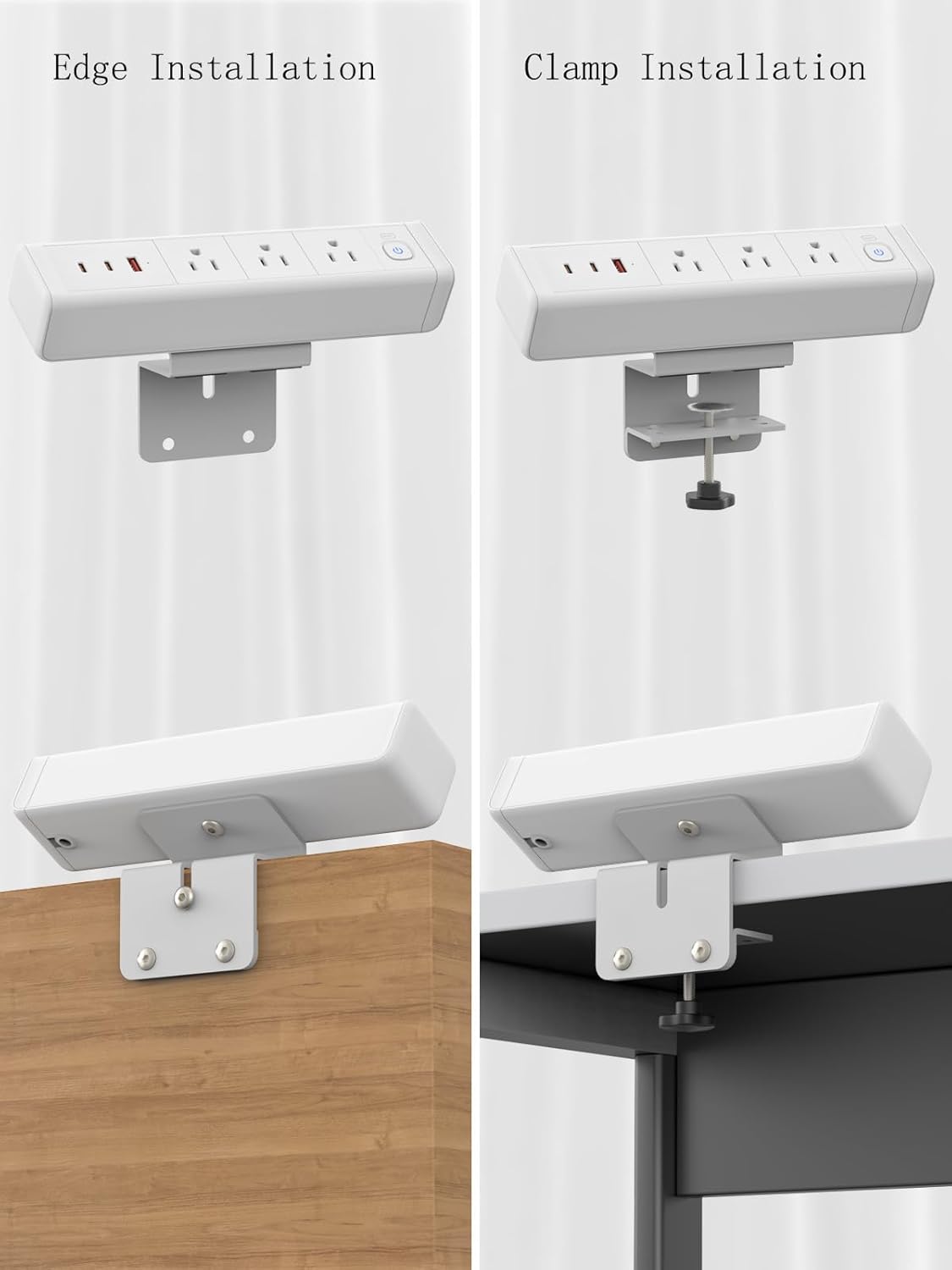 Desk Clamp Power Strip with 65W USB-C&USB A Ports 3 AC Outlet, Nightstand Edge Mount Charging Station Power Strip with USB-C Ports Tabletop Surge Protector for Home Office, Dorm Room(White)