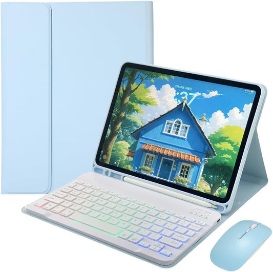 Rainbow Backlit Keyboard Case for iPad Pro 11 inch (M4) 2024 with Mouse and 7 Colors RGB Colorful Backlight Magnetic Detachable Bluetooth Keyboard Cover,Light Llue