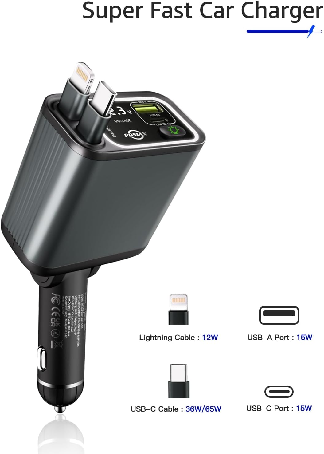 Retractable Car Charger USB C,107W Type C Car Charger Fast Charging with Dual Retractable Cable and USB Ports, Compatible with iPhone 16/15/14/13,S25/24/23/22, Pixel 9/8/7