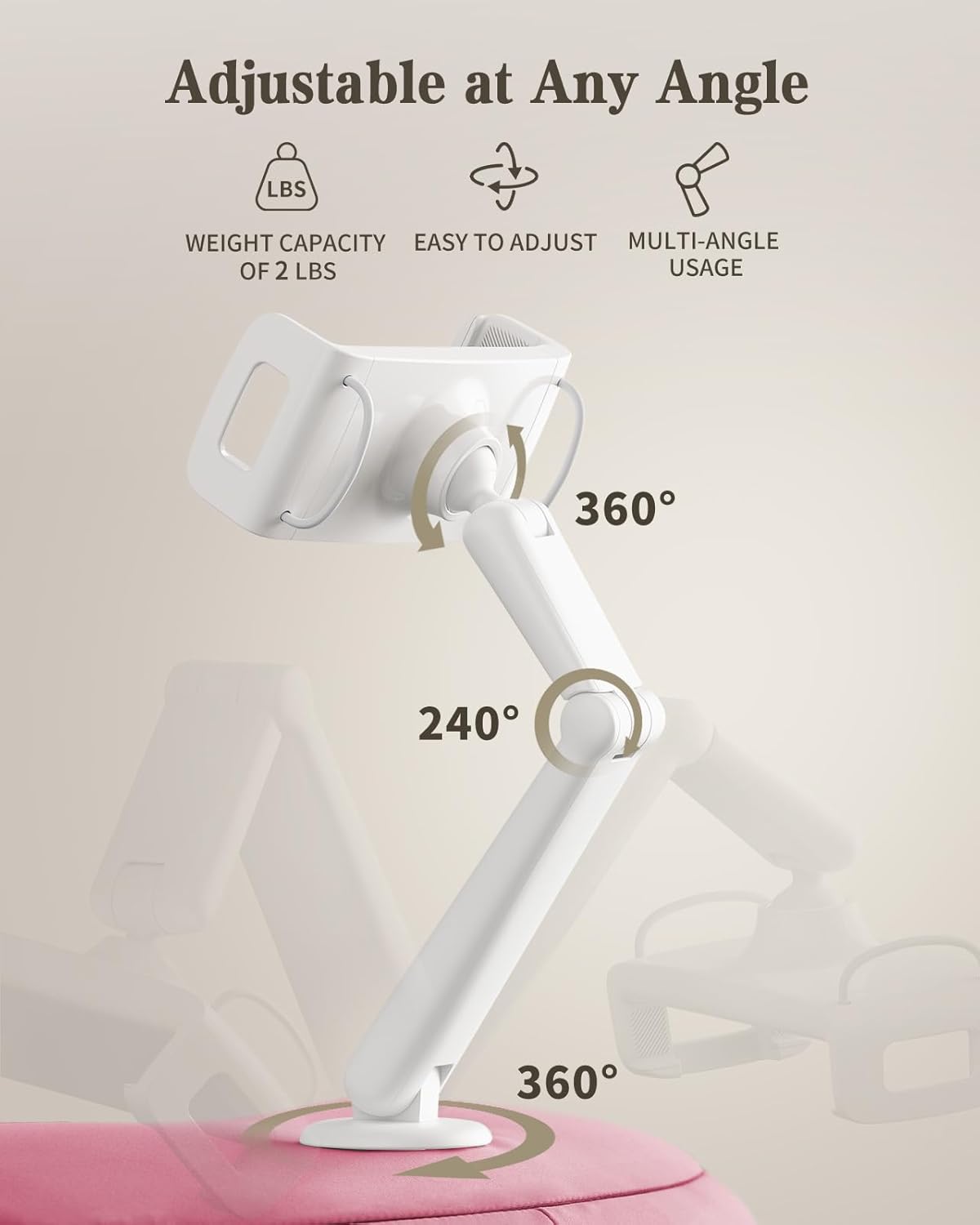 SAIJI Kindle Pillow Stand, iPad Stand Compatible with 4.7”-15.6” Kindle, Phone, iPad, 360° Adjustable Tablet Holder for Bed with Flexible Dual Axis Arm and Microbead Cushion (Pink)