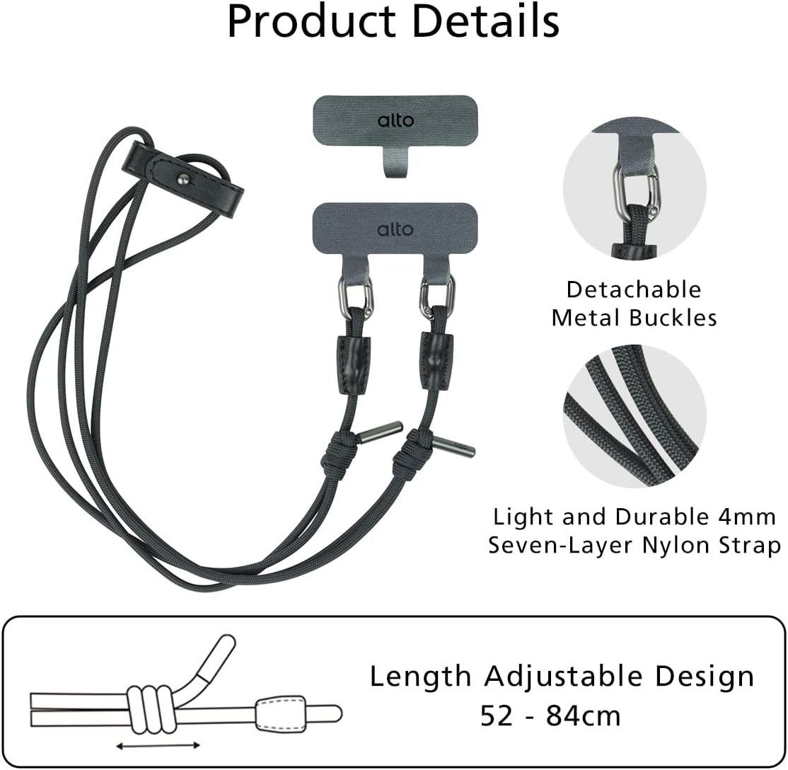 alto Crossbody Phone Lanyard: detachable patch, nylon strap with Italian leather pad, for iPhone and android full body phone cases (Raven Black)