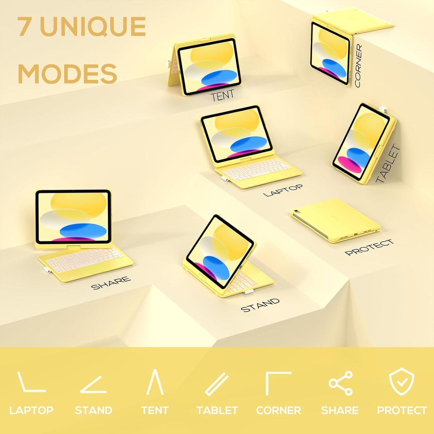 typecase Touch iPad 10th Generation Case with Keyboard (10.9", 2022) and iPad A16 (11th Gen, 2025) – 360° Rotatable, 11-Color Backlit, Multi-Touch Trackpad, Thin & Light (Yellow)