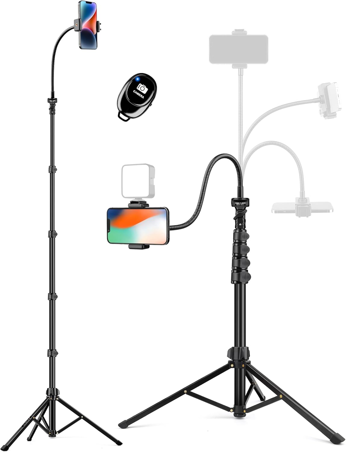 Phone Tripod Stand, 84" Tall Flexible Cellphone Tripod for iPhone with Gooseneck Remote, Portable Phone Stand for Recording, Compatible with iPhone 14 13 12 pro Android Camera