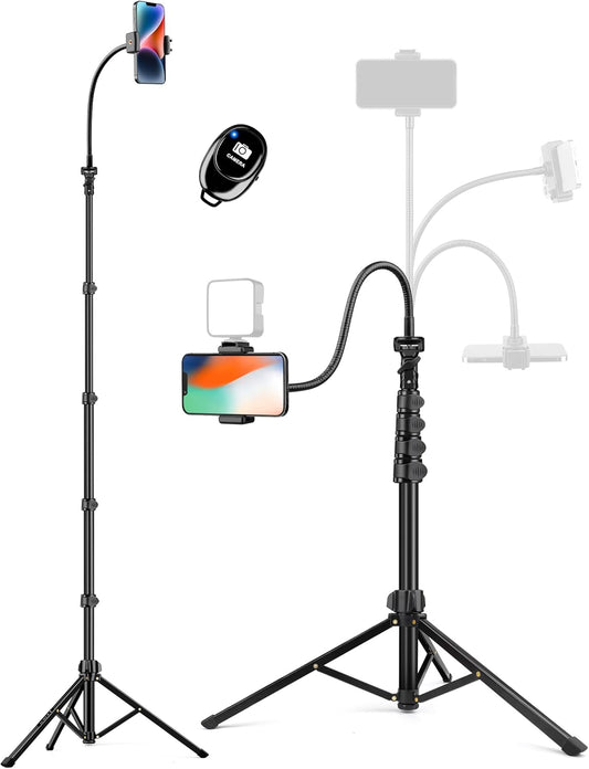 Phone Tripod Stand, 84" Tall Flexible Cellphone Tripod for iPhone with Gooseneck Remote, Portable Phone Stand for Recording, Compatible with iPhone 14 13 12 pro Android Camera