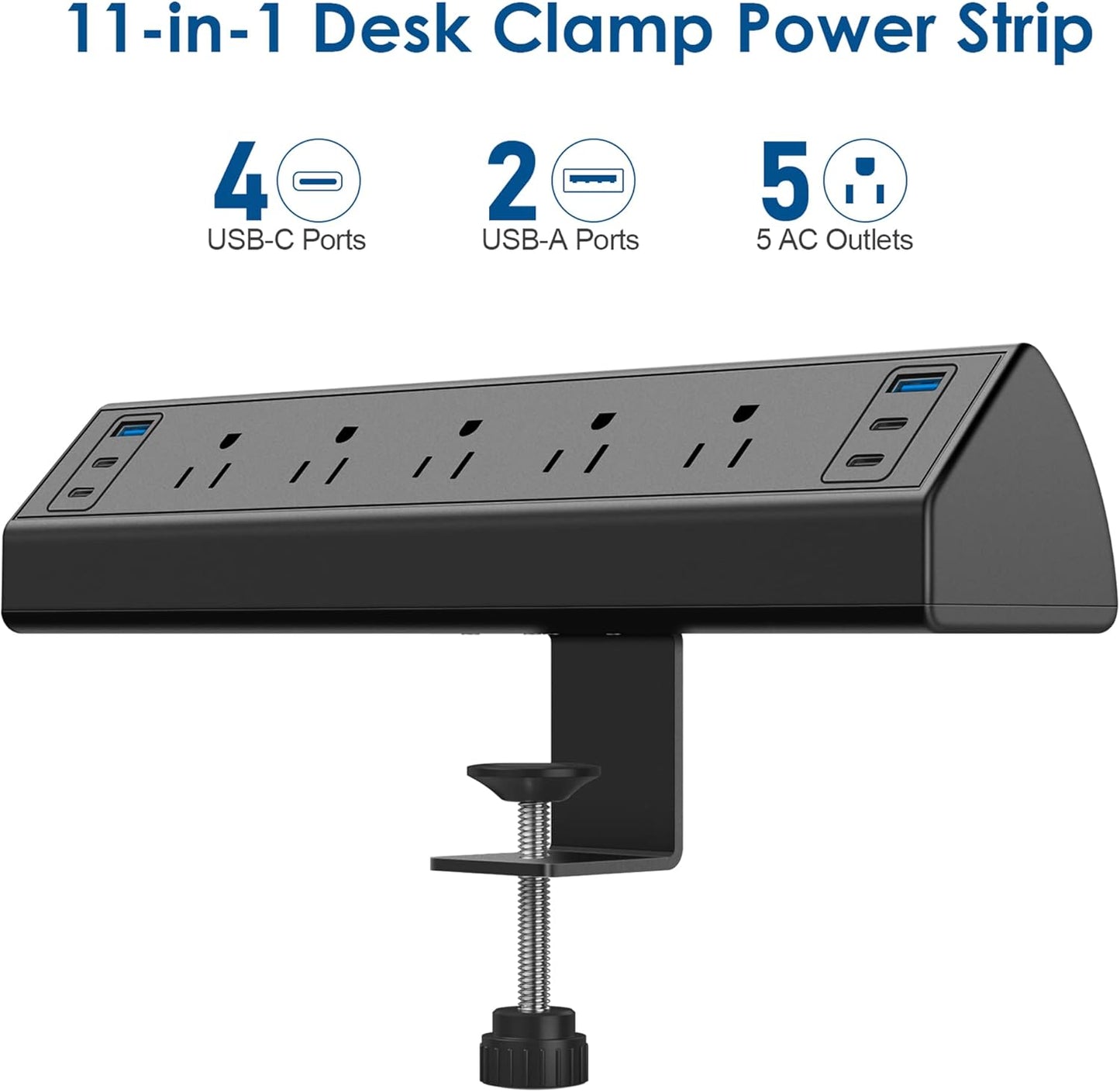 Desk Clamp Power Strip USB C,Under Desk Mount Power Station,20W Fast Charging,Fits 1.9'' Tabletop Edge,Desk Surge Protector,Perfect Home,Office Supplies (Black, 5 Outlets & 6 USB Ports & 10 FT Cable)