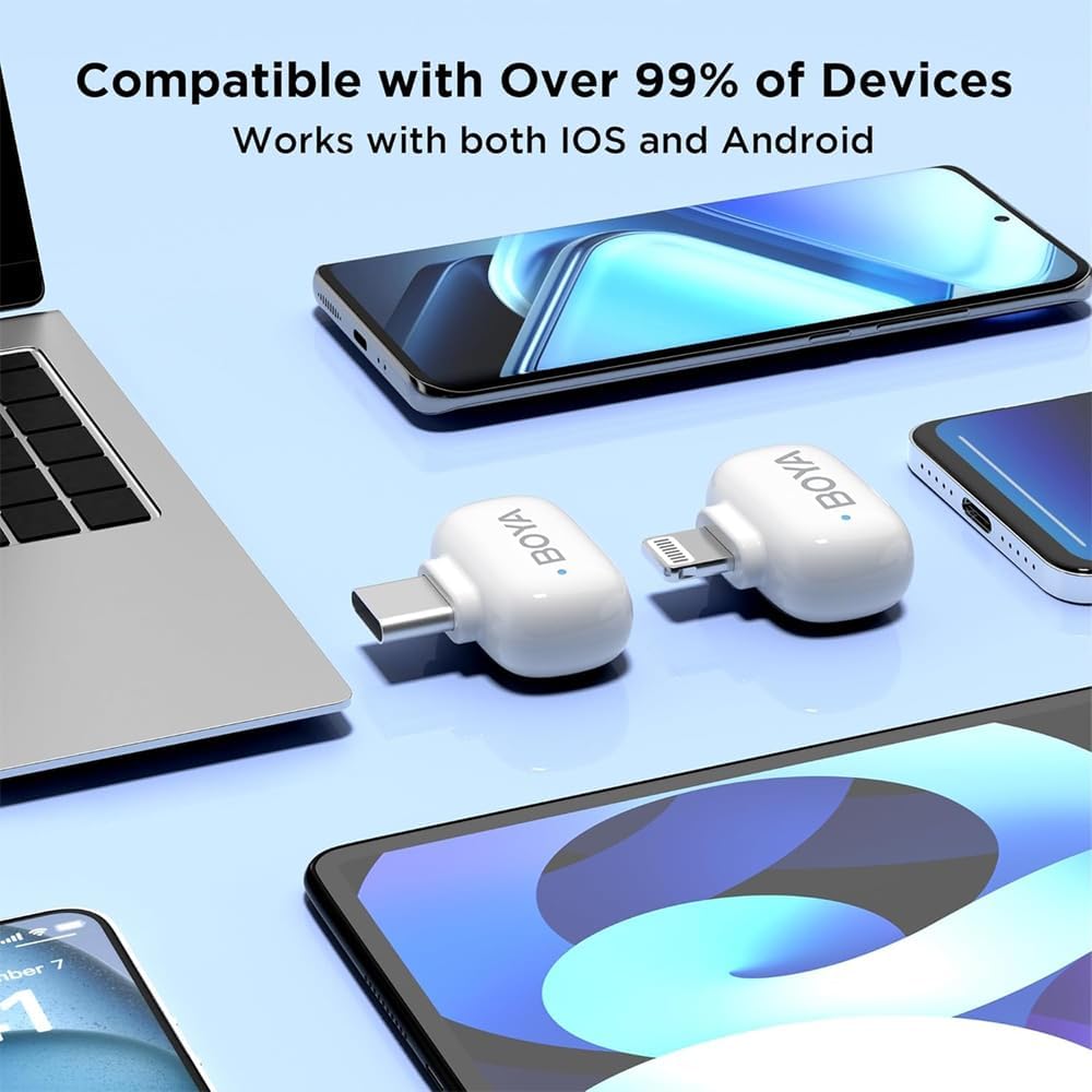 BOYA mini Wireless Microphone for iPhone/Android/PC/Tablets with USB C/Lightning Plug, MFi Certified, Noise Reduction, AI Voice Changer, 30H Battery Life with Charging Case for Video Recording Podcast