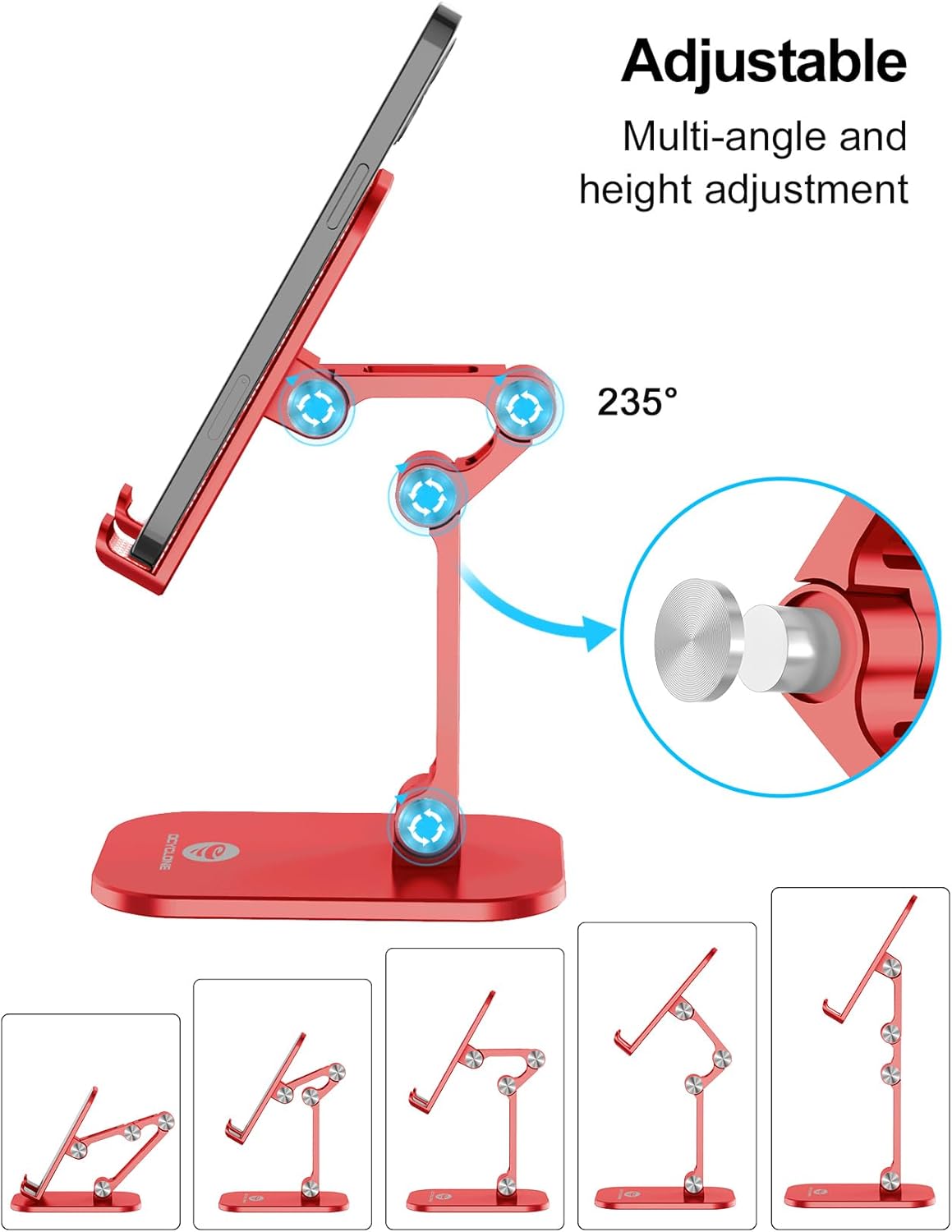 OCYCLONE Phone Stand, Adjustable Height and Angle Foldable Cell Phone Stand Holder for Desk, Taller iPhone Stand Compatible with 4.7"-13" Smartphones iPad Tablet, Red