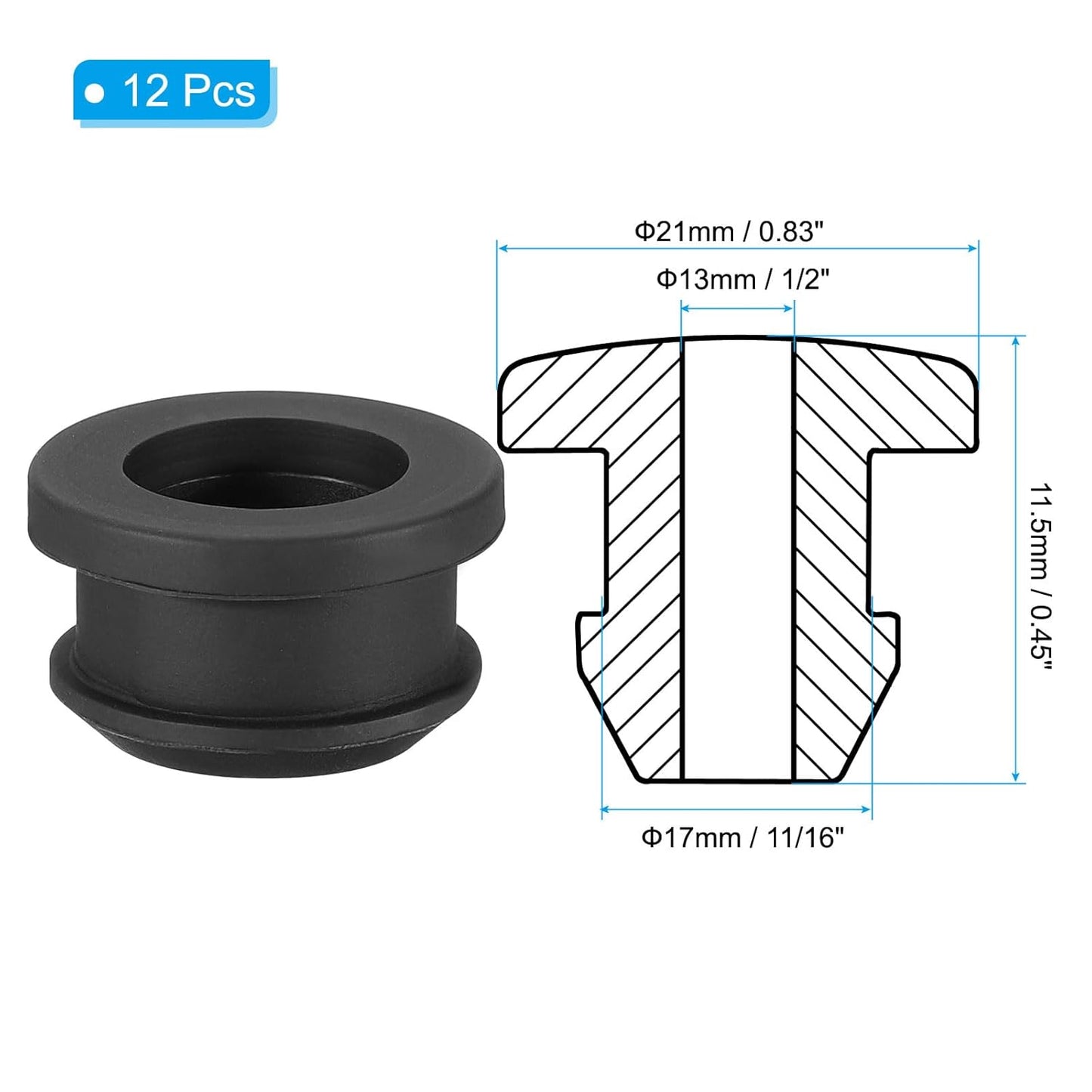 PATIKIL 17mm / 11/16 Inch Drill Hole,1/2 Inch ID Rubber Grommets, 12Pcs Top Hat Grommet for Wiring Eyelet Ring Gasket Automotive Firewall Cable Hole Plugs Wires Protection, Black