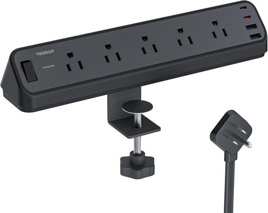 Desk Clamp Power Strip Black, TESSAN 6 Ft Flat Plug Extension Cord with Multiple Outlets, 5 Outlets with 4 USB (2 USB C), 2100J Surge Protector Power Strip, Office Home Dorm Gaming Room Essentials