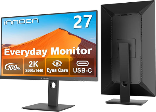 INNOCN 27" 2K 1440P QHD Monitor 100Hz IPS PC Computer Monitor for Mac Laptop, 65W USB C, HDMI, DP, Built-in Speaker, Eyes Care, Height/Pivot Adjustable, VESA Mountable - Black, 27D1Q