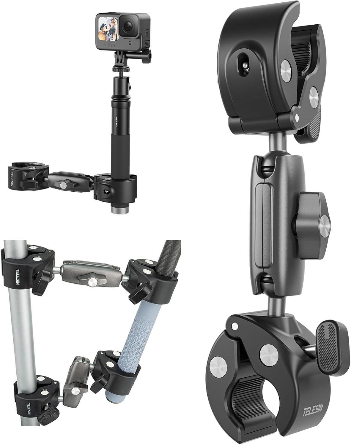 Duall Ball Clamp Mount for Stick Pole Mounting on Bike Bicycle Motorcycle Handlebar Tube Holder Accessories Compatible with GoPro 13 12 11 10 9 8 Insta360 X3 X4 X5 Ace Pro DJI Osmo Nano DJI Action 5/4