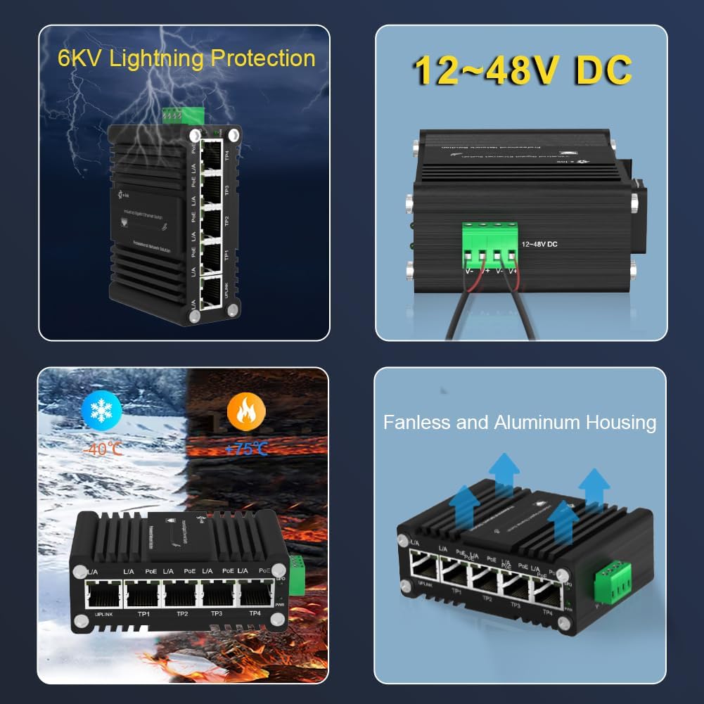 Mini Industrial 4-Port 10/100/1000BASE-T 802.3at PoE + 1-Port 10/100/1000T Ethernet Switch, Din Rail Unmanaged 10/100/1000Mbps Network Switch 30W/Port Max 120W 12-48V DC Thick Shell