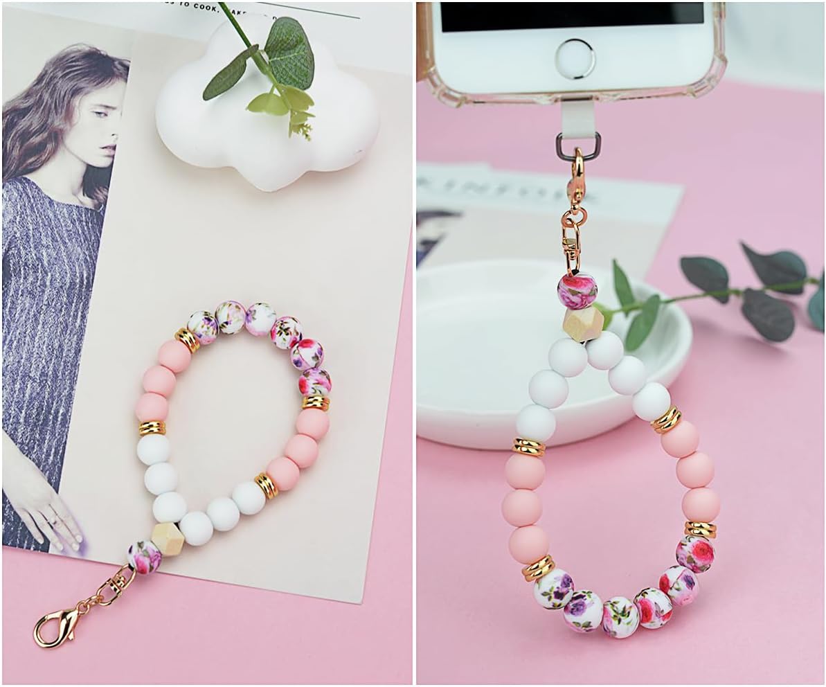 Marble Silicone Beaded Phone Wrist Strap, Cellphone Lanyard with Tether Tab, Elastic Hands-Free Wristlet Bracelet