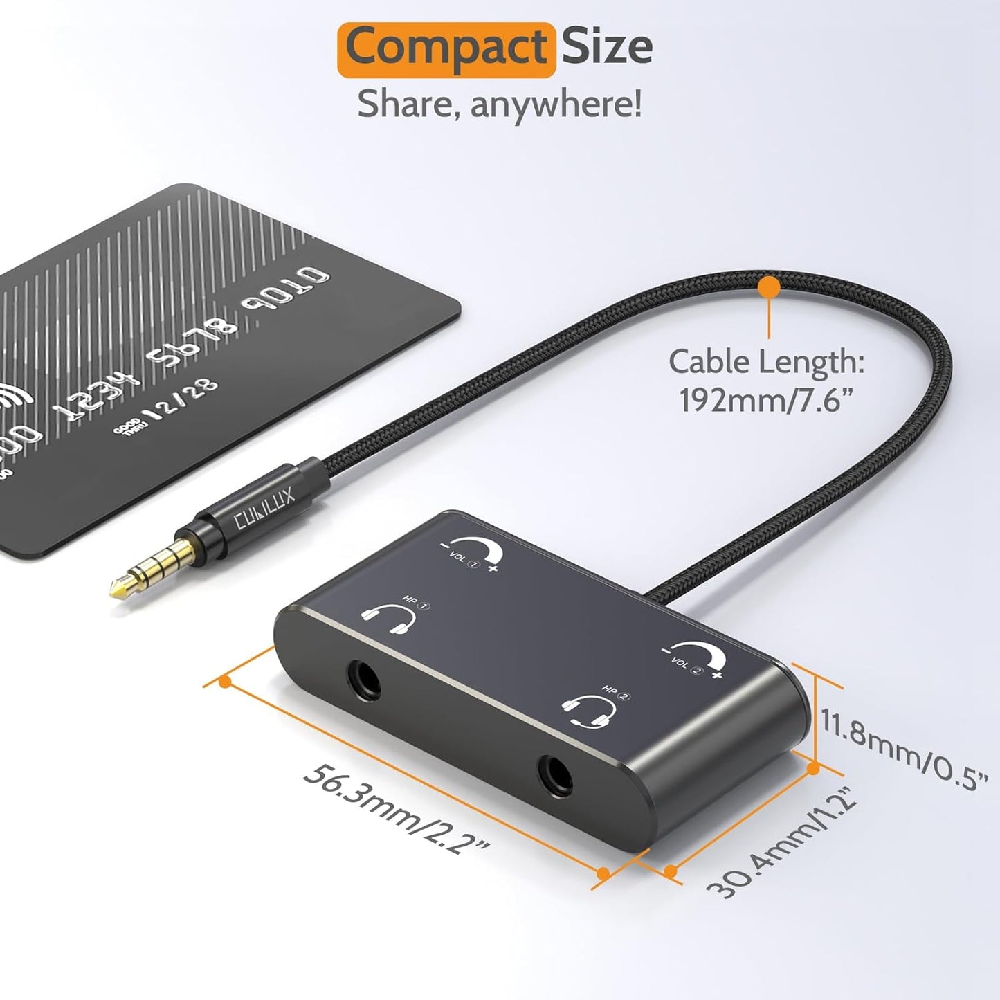 Cubilux Headphone Splitter with Volume Control, 3.5mm Dual Earphones Connector, 1/8 Double Audio Jack Adapter for 2 People, Music Share Adapter for Plane, Train Travel