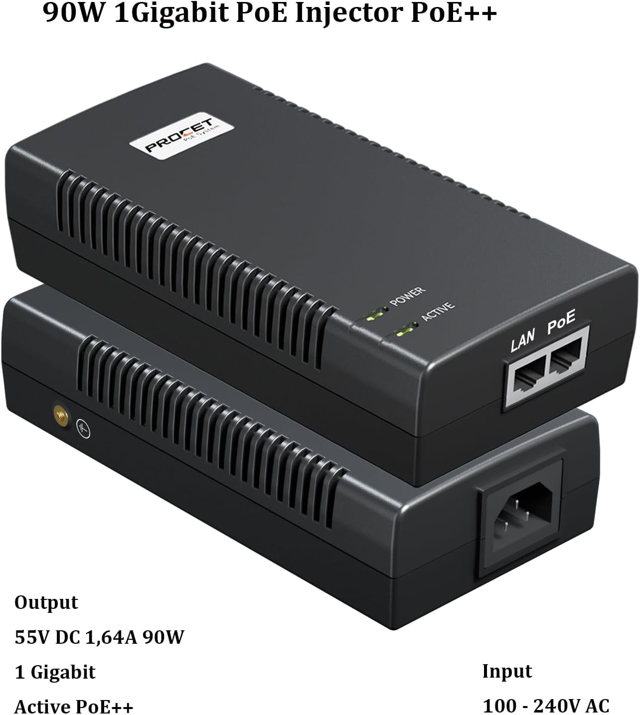 PROCET Gigabit PoE Iniector 90W PoE++ Power Injector with 6KV Surge Protector, IEEE802.3af/at Compliant for PTZ Camera, PoS System, Kiosk, Wireless AP, IP Cameras, PT-PSE106GBR-L