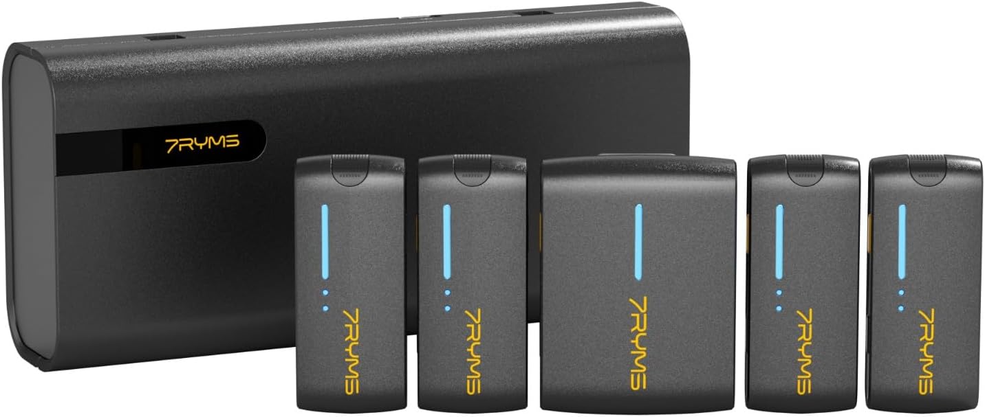 7RYMS iRay DW40 Wireless Lavalier Microphone with Four Transmitters One Charging Case Support AI Denoise, 48kHz/24bit Recording for Video Vlog, Interview, Live Streaming, Podcasting-Black