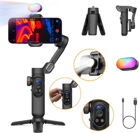 3-Axis Gimbal Stabilizer for Smartphone w/RGB Magnetic Fill Light Phone Gimbal for iPhone/Android Foldable iPhone Stabilizer w/Upgraded Face Tracking Vlog Recording-Smart X Pro Kit