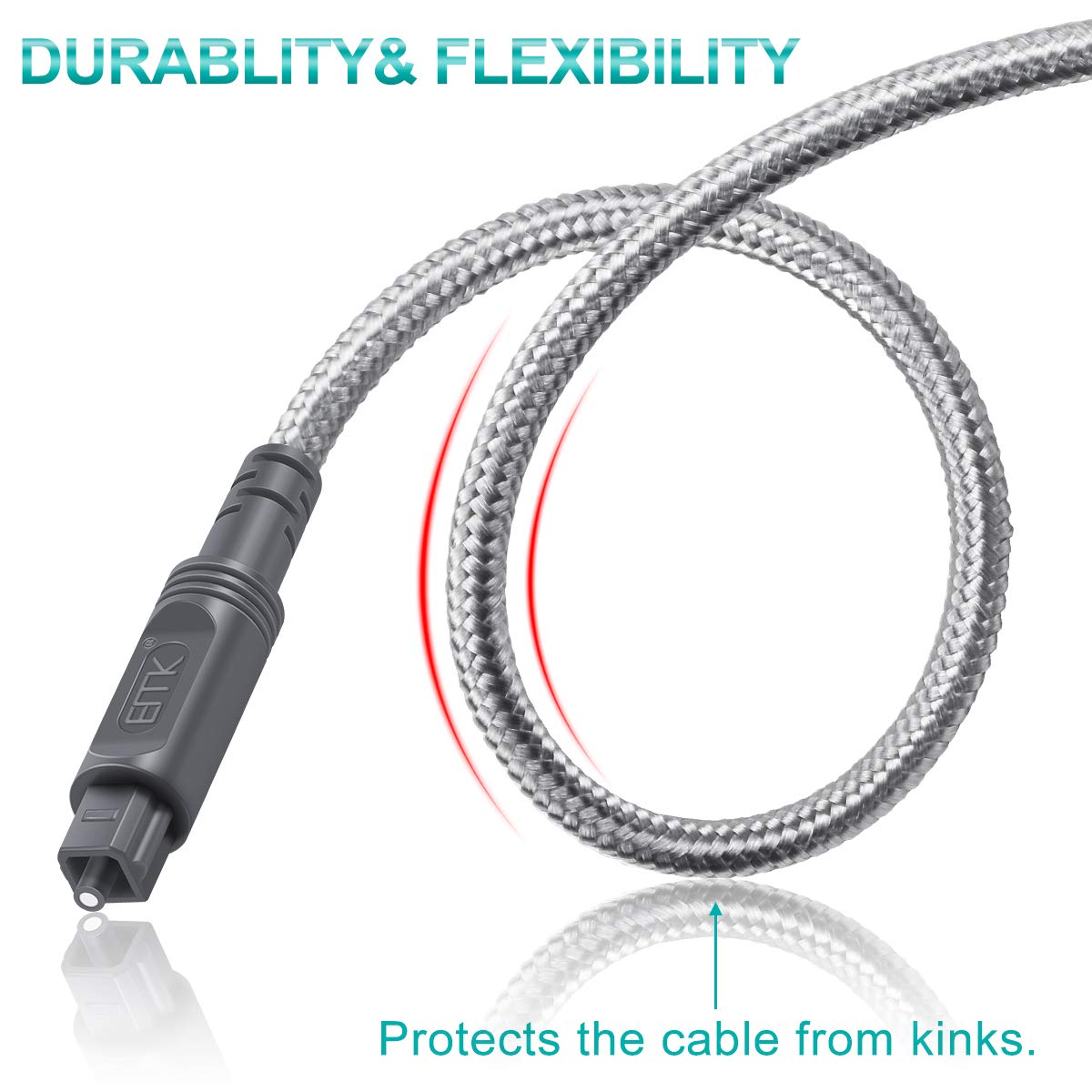 EMK Digital Optical Audio Cable Toslink Cable - [Cotton Braided Jacket,Durable and Flexible] Fiber Optic Cord for Home Theater, Sound bar, TV, PS4, Xbox & More (6.6Feet/2M)