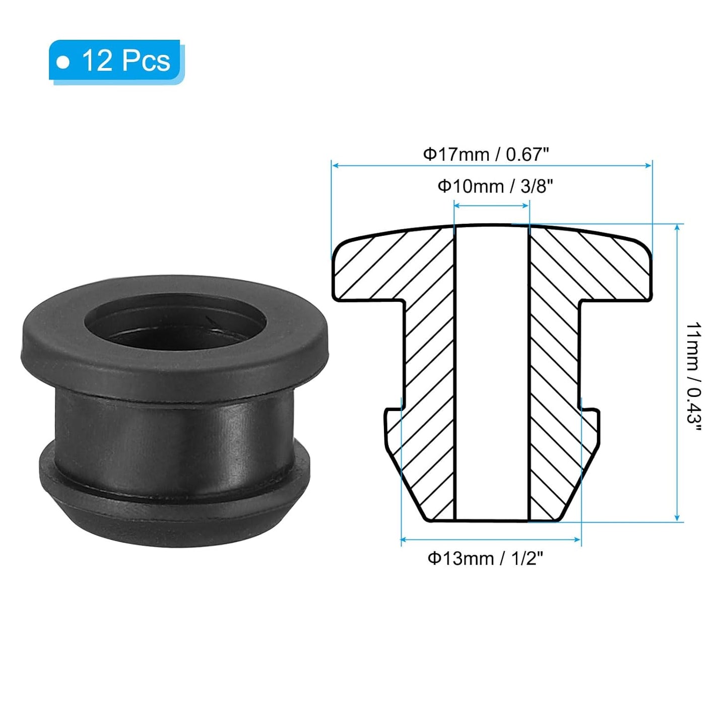 PATIKIL 13mm / 1/2 Inch Drill Hole,3/8 Inch ID Rubber Grommets, 12Pcs Top Hat Grommet for Wiring Eyelet Ring Gasket Automotive Firewall Cable Hole Plugs Wires Protection, Black