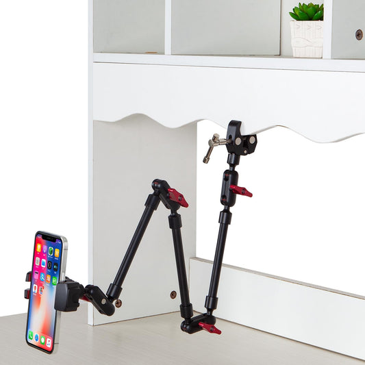 Adjustable Articulating Magic Arm with Clamp and Phone Holder Clip for Desk Mount, Desk Stand, Cell Phone Tripod