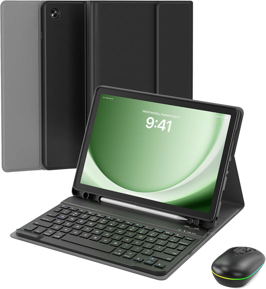 for Samsung Galaxy Tab A9 Plus 11 inch Case with Keyboard, Backlit Mouse and Detachable Magnetic Keyboard, Multi-Angle Stand Folio Slim Cover with S Pen Holder for Tablet A9+ 2023, Black