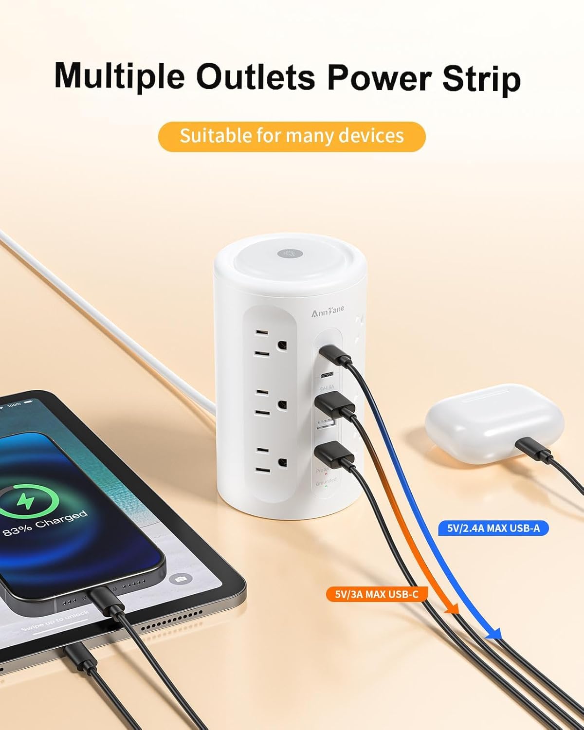 Power Strip Tower with Night Light, 15W Surge Protector Power Strip with USB Ports, 10 FT Extension Cord with Multiple Outlets (12AC+3A+2C) for Home Office Desk DormRoom (White)