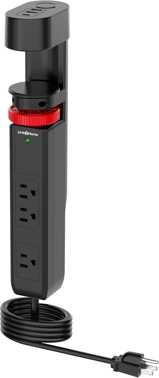 Link2Home Clamp-On Desk Power Strip with 3 Outlets, 3 USB Ports (20W PD Type-C), 6 Ft. Cord, Overload Protection, No Installation Required